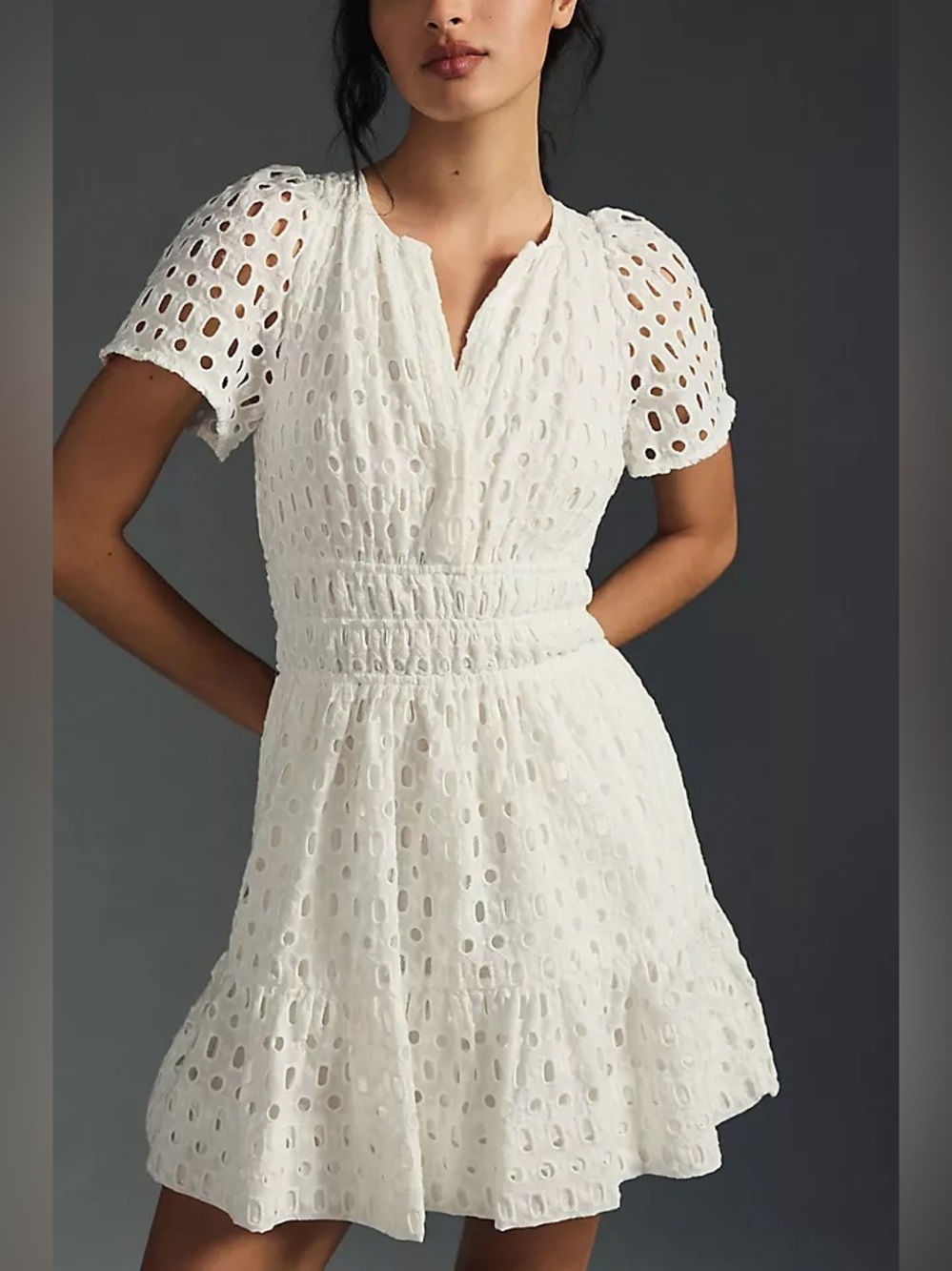 Anthropologie Somerset Mini Dress White Eyelet Cotton Puff Sleeve